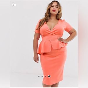 True Voilet plus midi pencil dress with peplum in coral